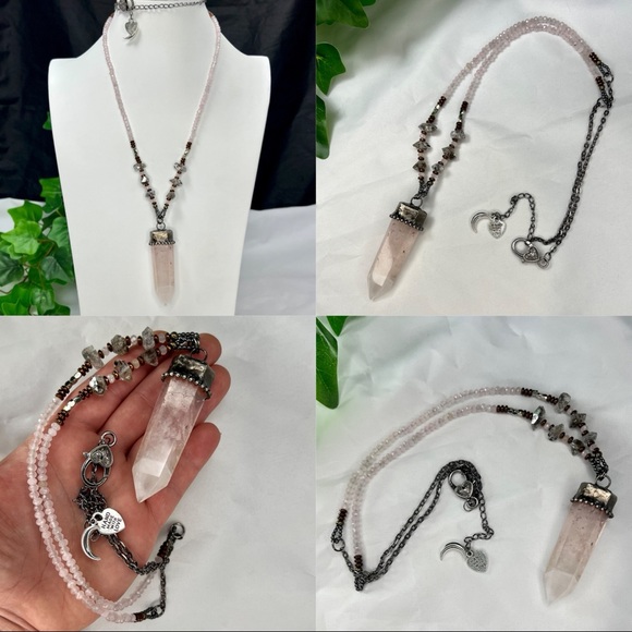 Herkimer Diamond & Rose Quartz Point Crystal Beaded Necklace - Picture 12 of 12